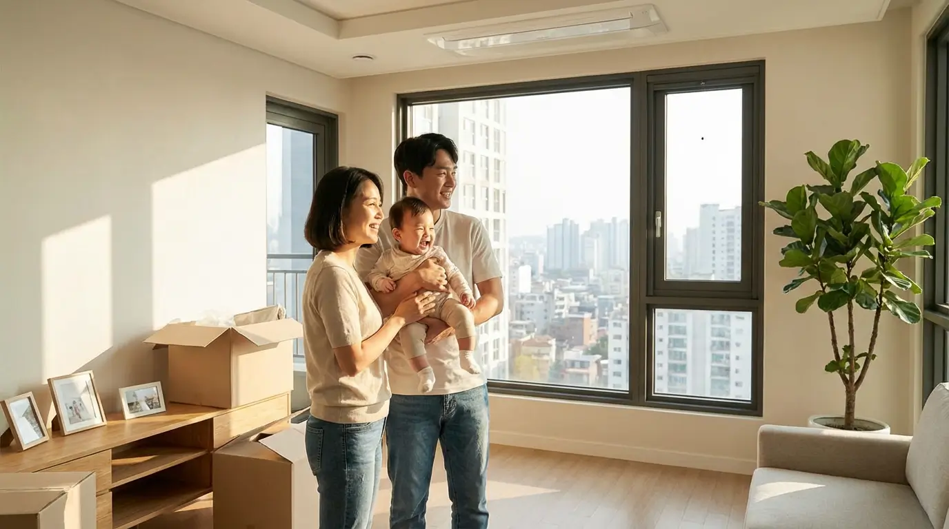 모든 서류 심사를 통과하고 새 집에서 행복해하는 가족의 따뜻한 모습