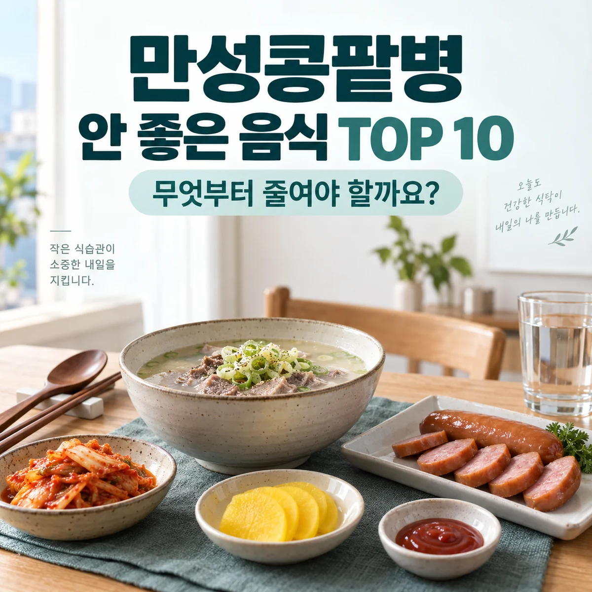 만성콩팥병에서 줄일 음식을 보여주는 국물, 절임 반찬, 소시지와 소스 식탁