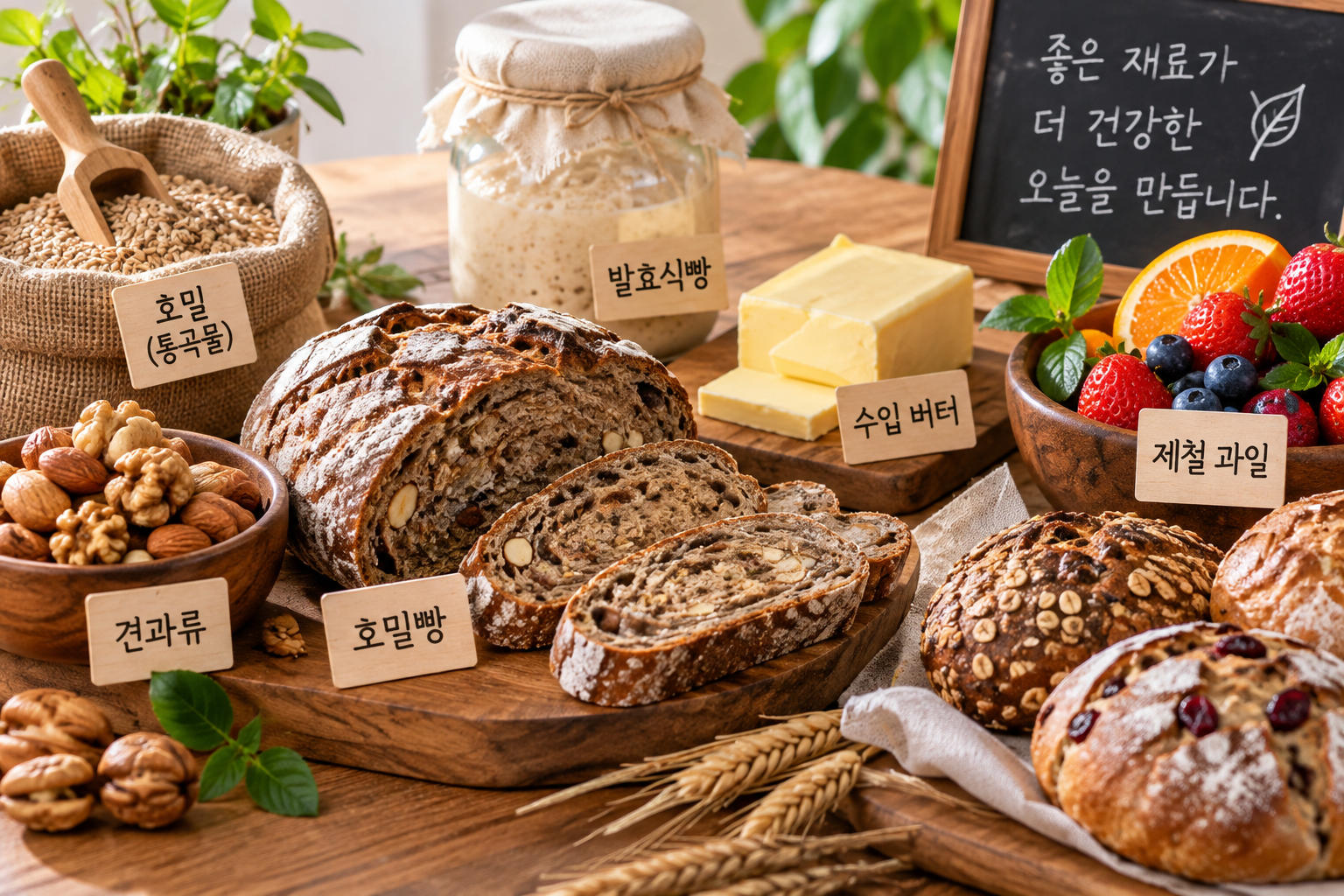 호밀과 통곡물, 견과류, 발효식빵, 버터, 제철 과일 등 건강을 생각한 다양한 재료와 빵을 이미지