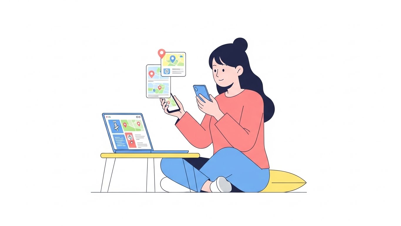 스마트폰으로 물류센터 위치와 후기를 확인하는 여성의 모습, 지역별 근무 환경 차이를 미리 비교해야 합니다.