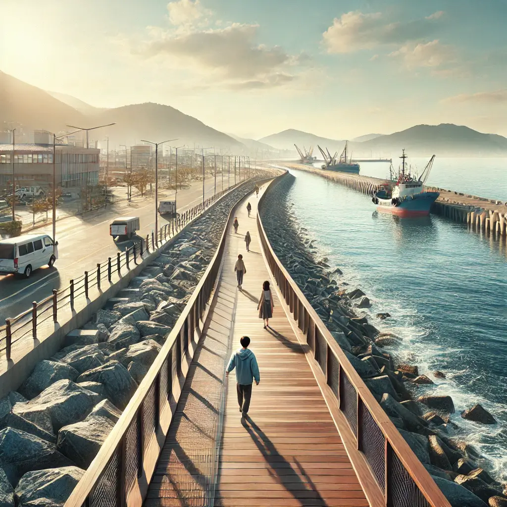 인천 바닷가 산책로에서 여유롭게 걷는 사람들