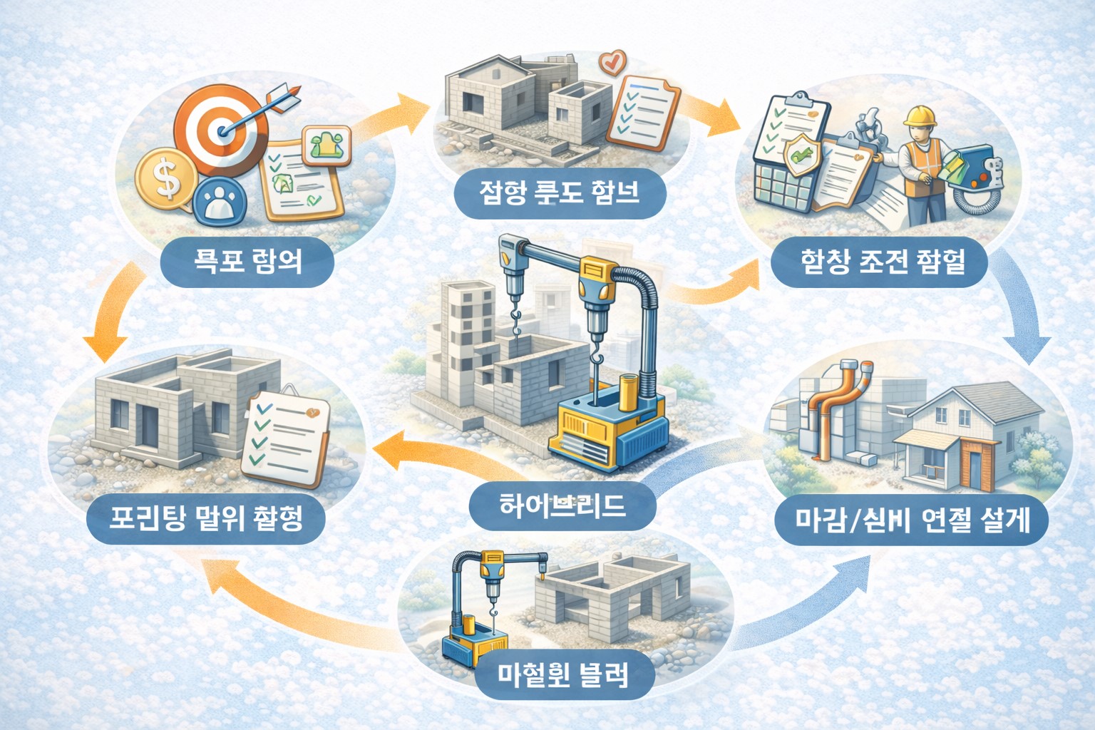 건축용 3D 프린팅 도입 루틴 7단계를 아이콘과 화살표로 정리한 체크리스트 다이어그램 이미지