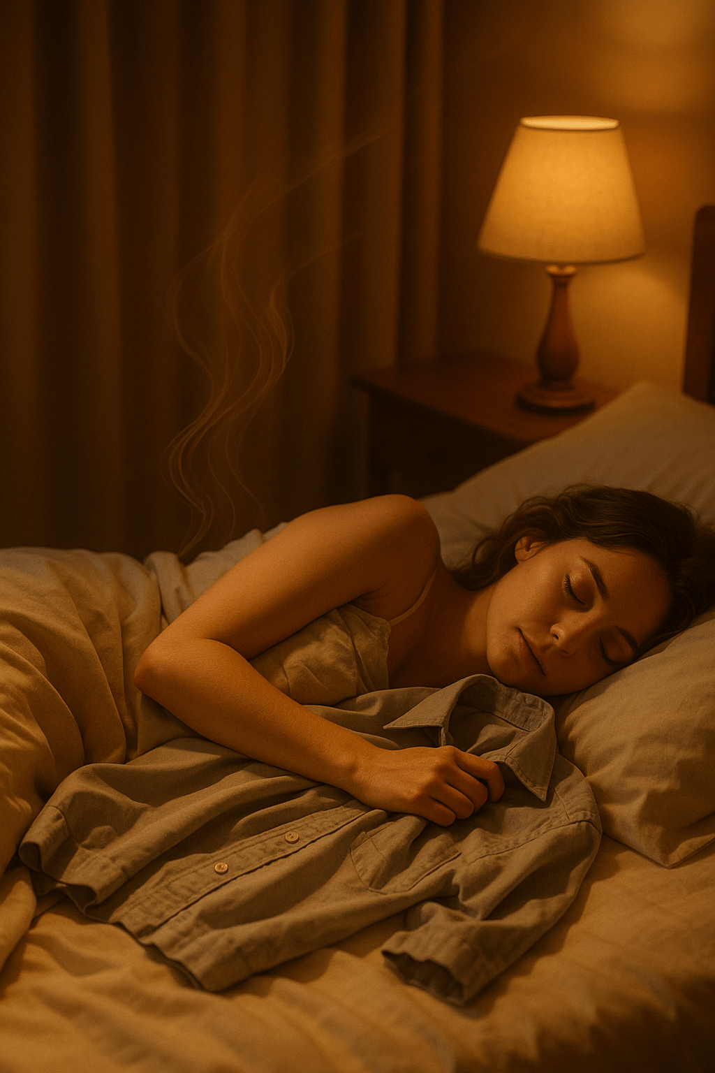따뜻한 조명의 침실에서 젊은 여성이 파트너의 셔츠를 품에 안고 평화롭게 잠든 모습. 부드러운 시트와 노란빛 조명이 포근한 분위기를 자아내며, 공기 중에는 은은한 향기의 흔적이 부유하고 있음