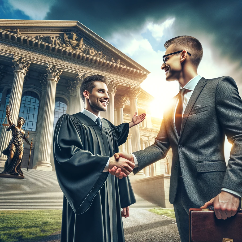 변호사가 법정 밖에서 고객과 악수하며 승소를 축하하는 모습.