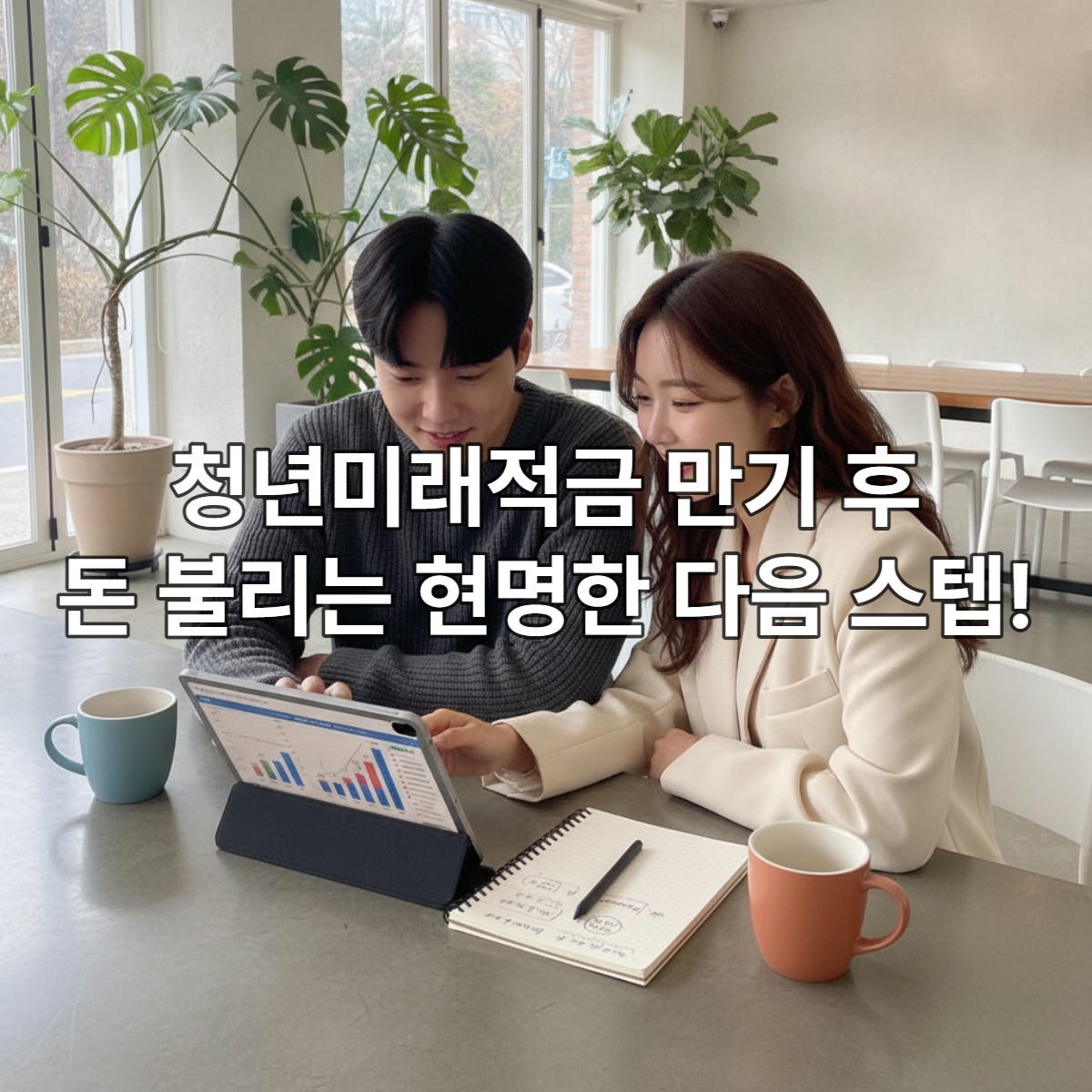 청년미래적금 만기 후 재테크 전략을 논의하는 젊은 한국인 남녀, 종잣돈 투자와 자산 증식 방법을 탐색하는 모습.
