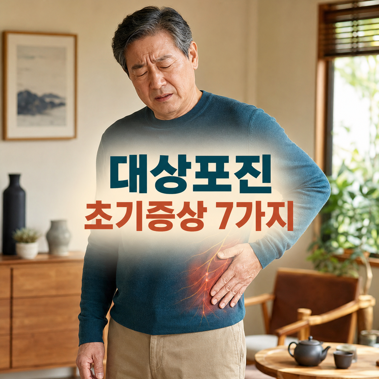 대상포진 초기증상과 한쪽 몸의 통증을 표현한 중년 건강정보 이미지