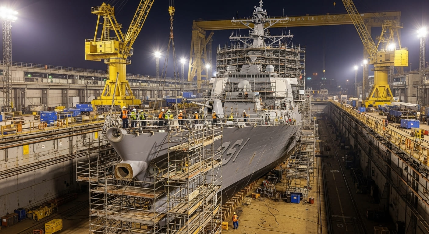 LNG 운반선이 건조되는 조선소 현장