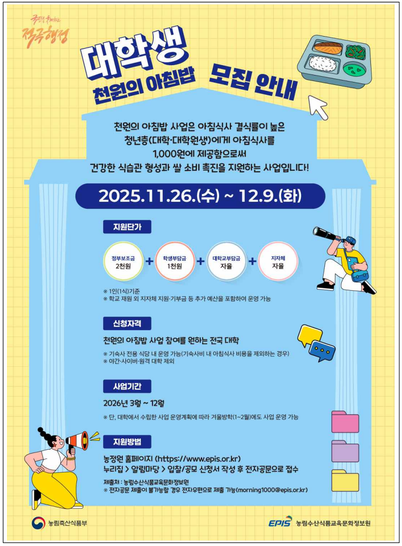 천원의 아침밥 2026 신청, 12월 9일까지(출처:농림축산식품부)