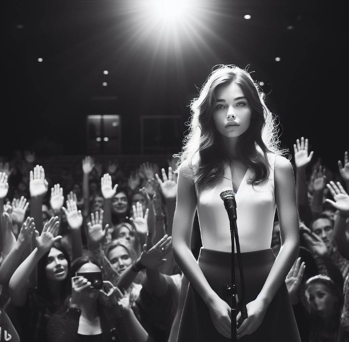 관객들의 시선에 말을 못하고 있는 여성