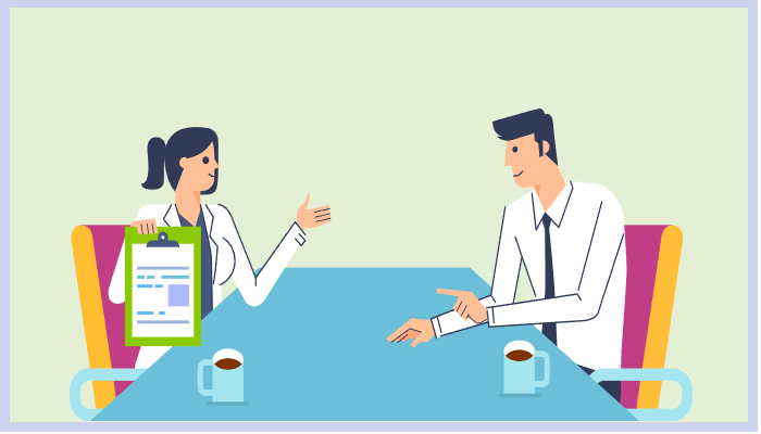 진료 상담 중 진료기록 서류를 설명하는 의료진과 환자의 모습으로 폐업 병원 기록을 요청하거나 발급받는 과정을 상징적으로 나타냄