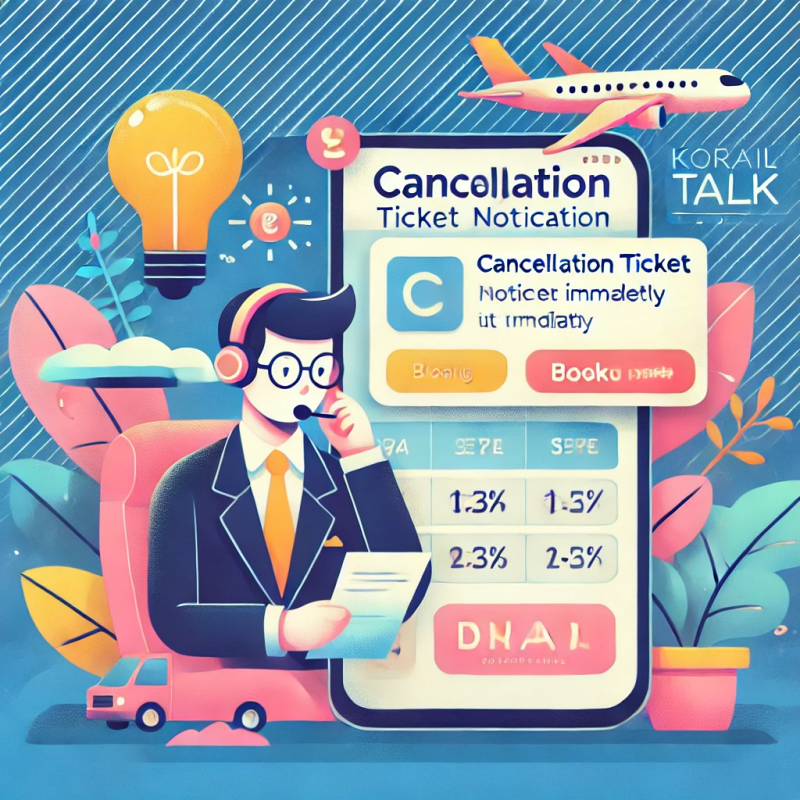 코레일톡 앱에서 취소표 알림을 받고 즉시 예약하는 사용자를 묘사한 일러스트.