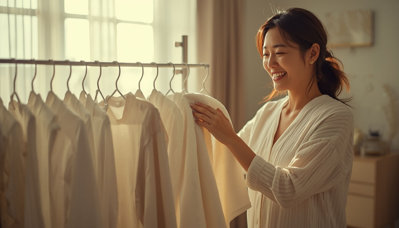 미세먼지 심한 날 실내에서 건조기 없이 빨래를 말리는 여성과 깨끗한 거실 풍경