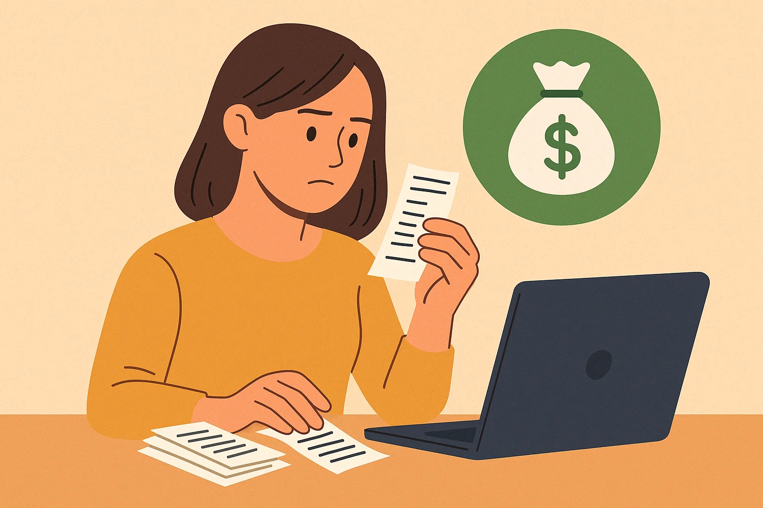 영수증을 정리하며 자산을 관리하는 사람의 일러스트