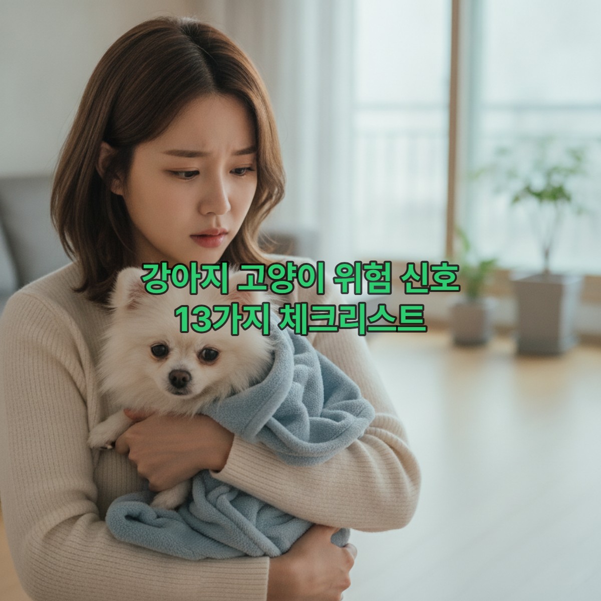 반려동물의 미묘한 건강 이상 신호를 알아차리고 걱정스러운 표정으로 반려견을 안고 있는 젊은 여성 보호자.