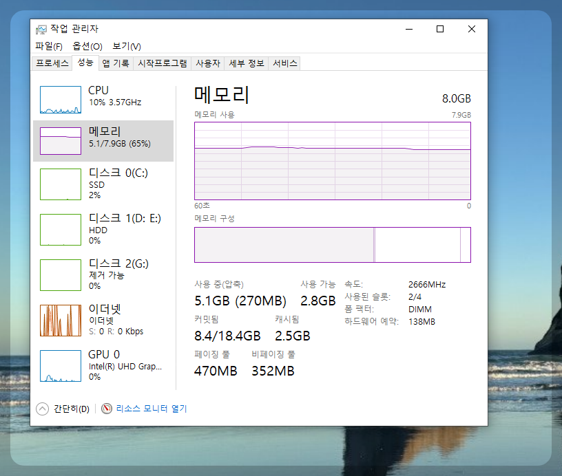 크롬 설정 3개 끄고 메모리 65%로 안정화된 작업관리자 성능 사진