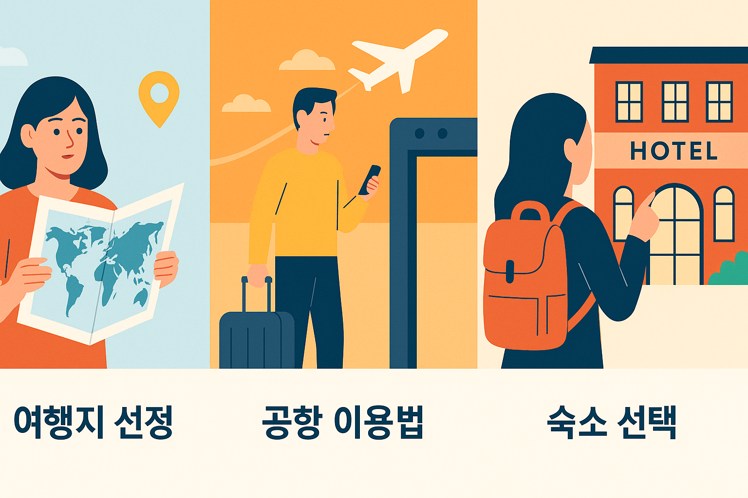 여행지 선정, 공항 이용법, 숙소 선택