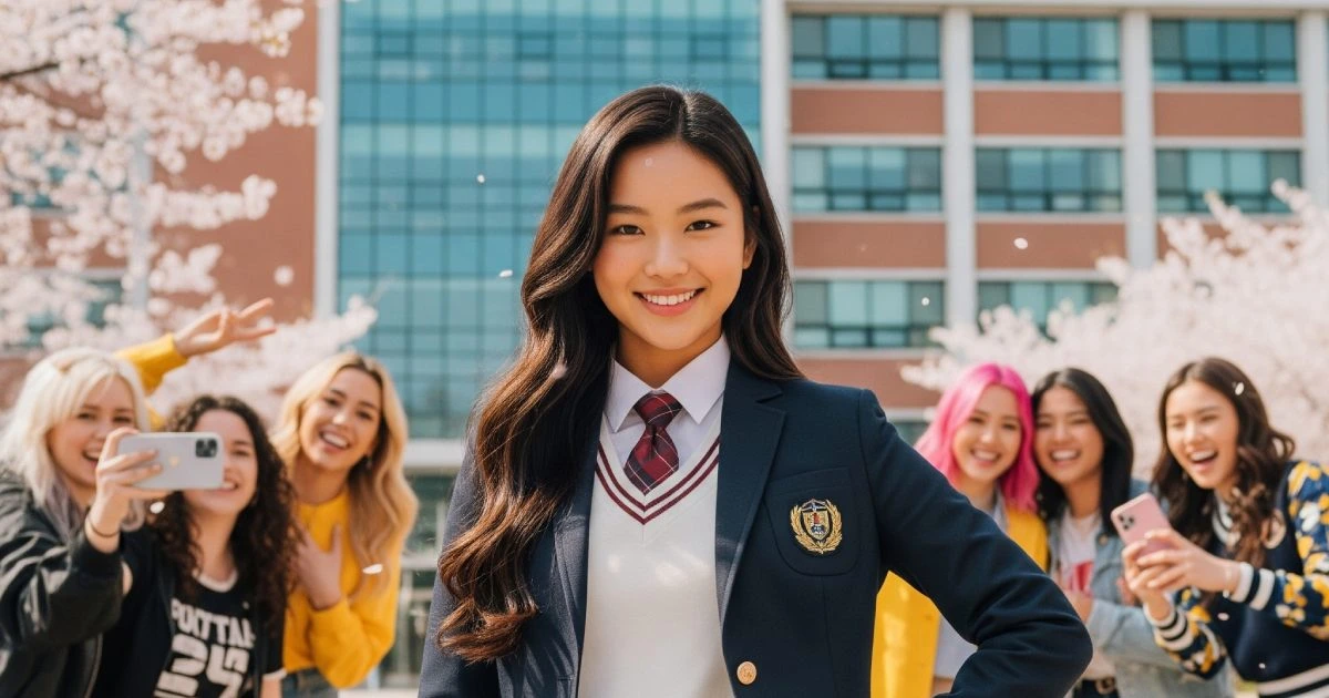 서울 고등학교 앞에서 친구들과 함께 있는 10대 소녀 키티의 모습