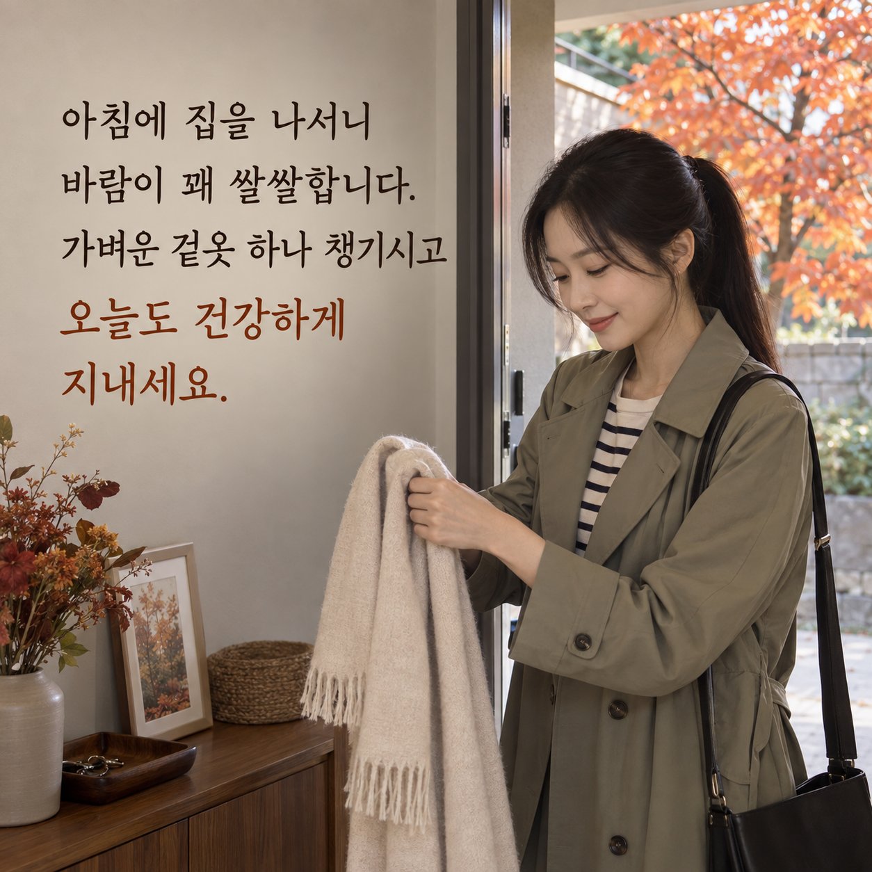가을 환절기 건강 인사 이미지 6 — 아침에 집을 나서니 바람이 꽤 쌀쌀합니다. 가벼운 겉옷 하나 챙기시고 오늘도 건강하게 지내세요.