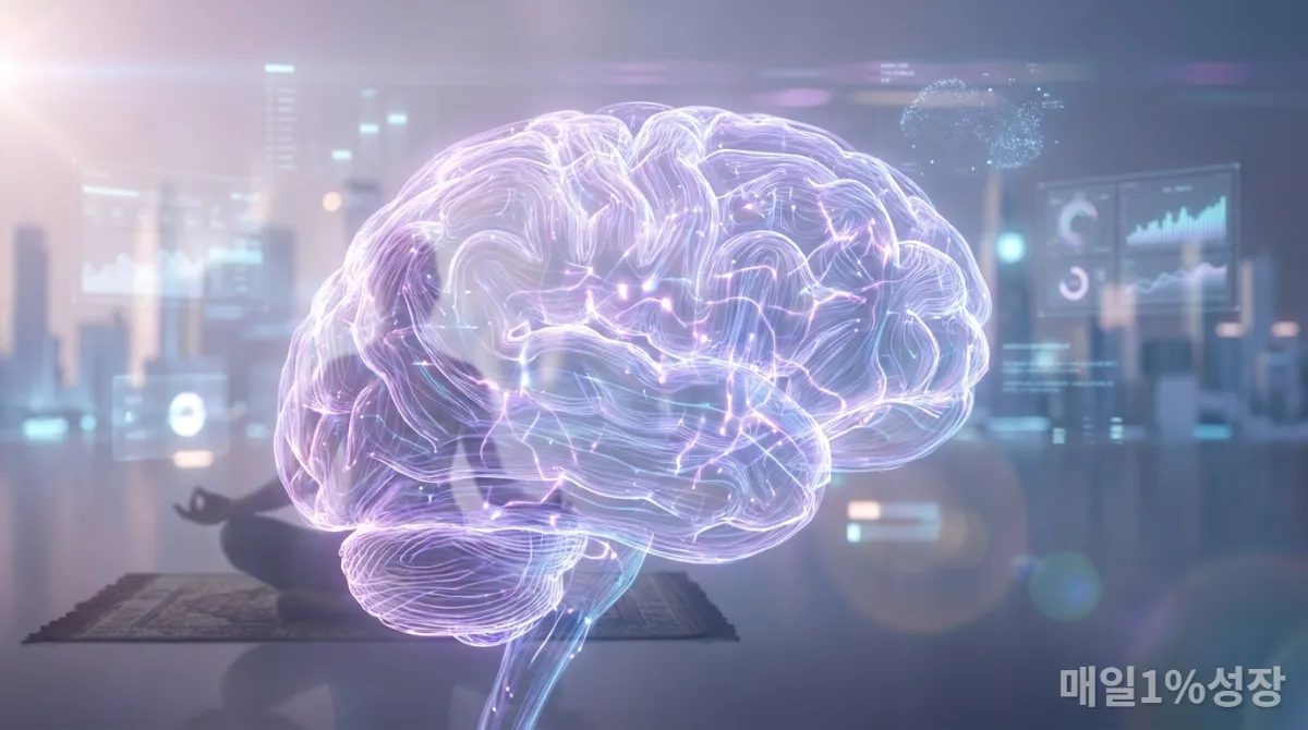 명상으로 변화하는 뇌를 추상적으로 표현한 이미지. 신경망과 명상하는 사람의 실루엣.