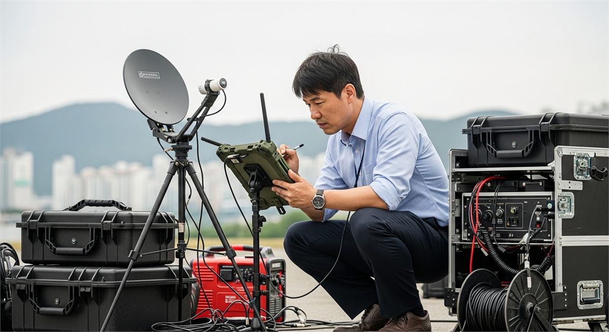야외에서 위성 연동 장비를 사용하는 한국인 작업자 장면 