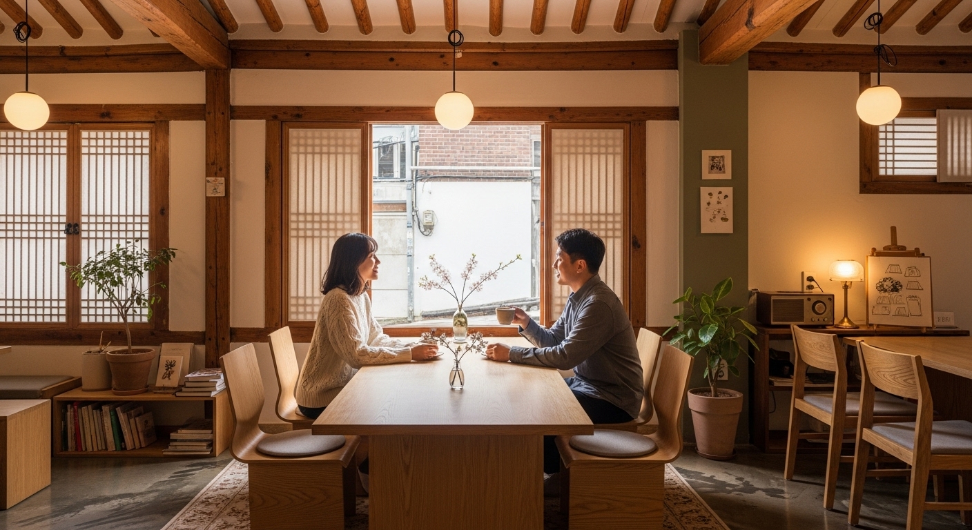 안국역 근처 한옥의 멋과 현대적인 감각이 조화롭게 어우러진 카페 내부, 창가 자리에서 커피를 마시는 연인의 편안한 모습.