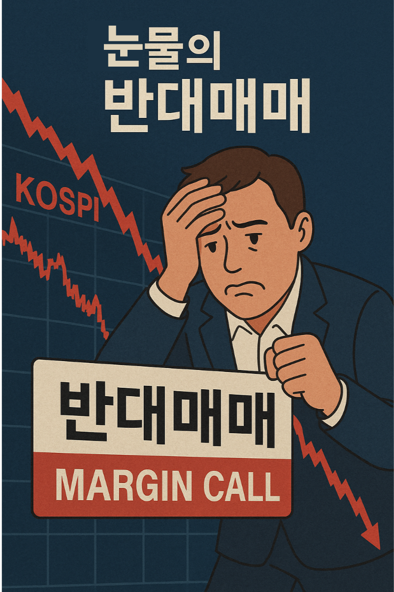 &ldquo;주가 폭락 차트와 함께 반대매매 위험에 놓인 투자자를 표현한 경고형 썸네일 이미지&rdquo;