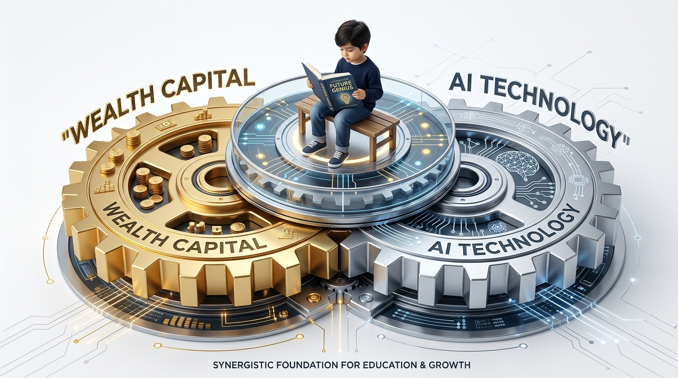 자본 소득(Wealth)과 AI 기술(Tech)이라는 두 개의 톱니바퀴가 맞물려 아이의 미래를 떠받치고 있는 인포그래픽