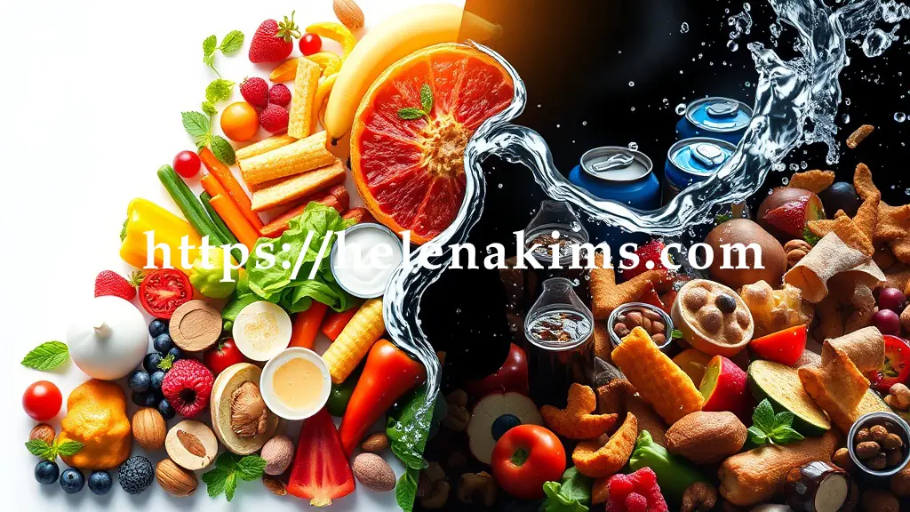 왼쪽에는 신선한 유기농 채소, 알록달록한 베리류, 견과류, 발효식품이 있고, 맑고 투명한 빛이 감돈다. 오른쪽에는 튀긴 음식, 설탕 가득한 탄산음료, 가공 스낵 등이 혼탁한 색감으로 어지럽게 배치된 이미지.