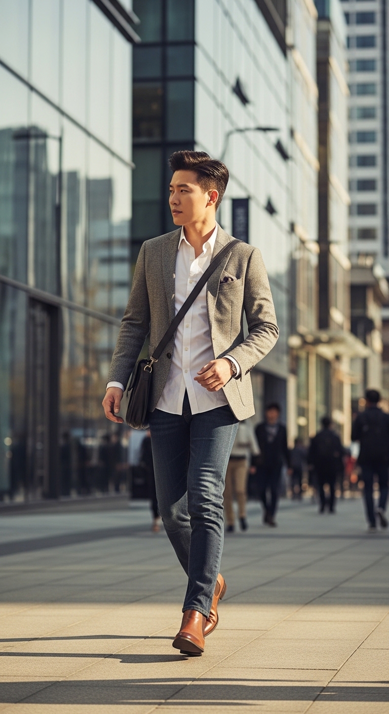 세련된 비즈니스 캐주얼을 입고 길을 걷는 사람의 전신 샷