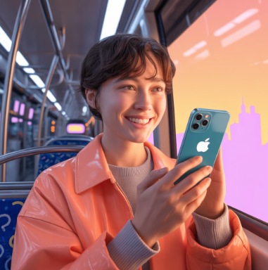 아이폰을 들고 버스를 타고 있는 사람 예시 이미지