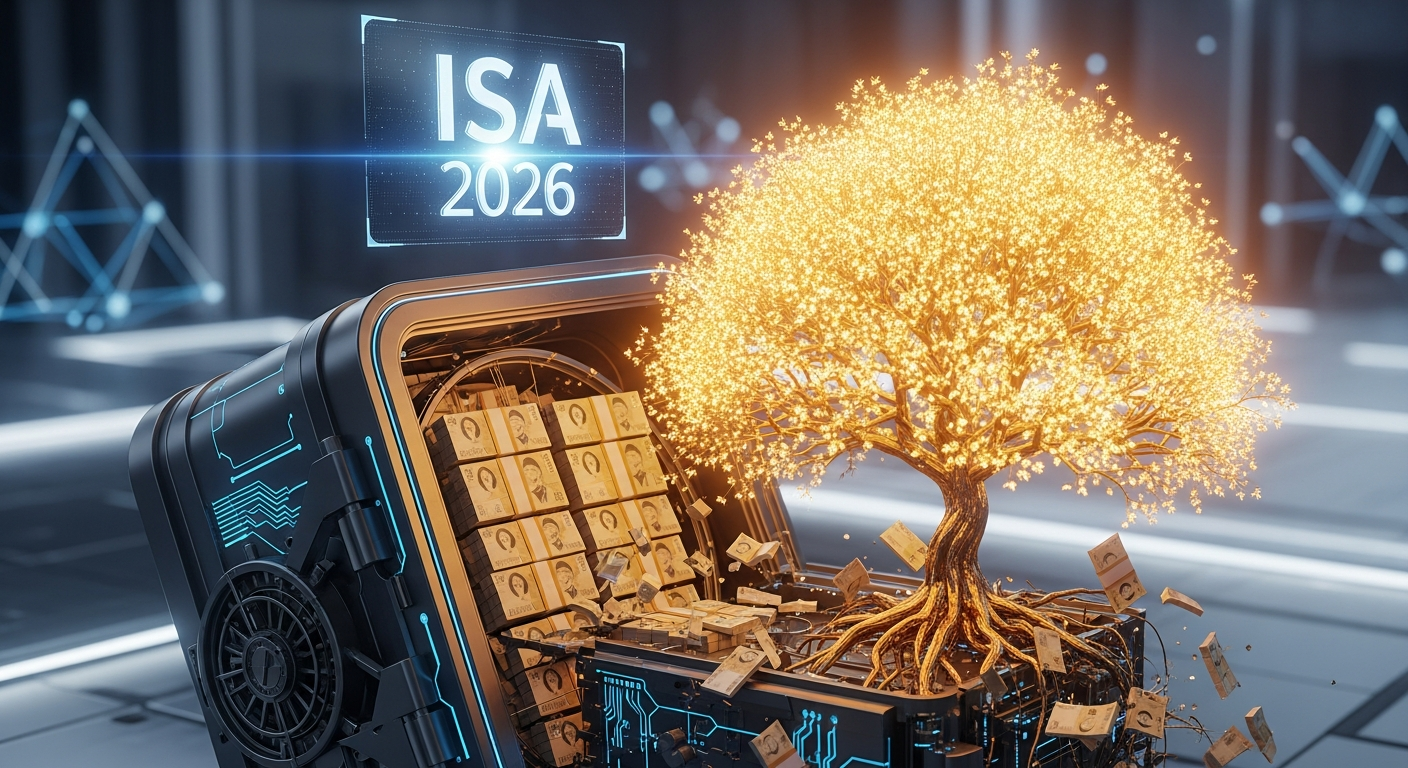 미래지향적인 디지털 금고가 무성한 황금 나무로 변하는 개념적 이미지. 금고 안에는 한국 원화 다발이 있다. 나무는 성장과 안정을 상징한다. 'ISA 2026'이라는 3D 홀로그램 텍스트가 위에 떠 있다. 스타일은 깔끔하고, 3D 렌더링, 최첨단 금융 미학.