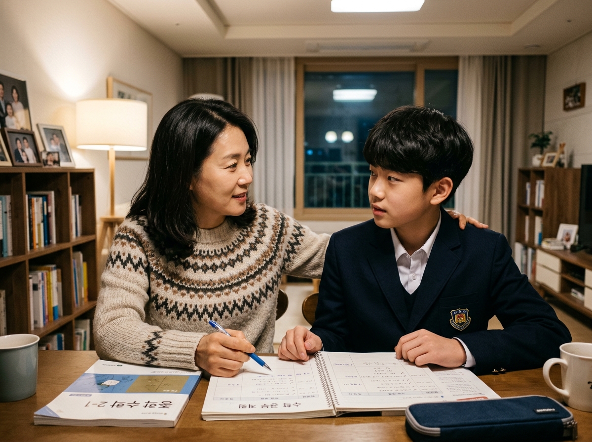 학부모와 중학생이 함께 수학 학습 계획에 대해 대화하는 모습