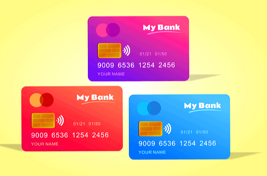 3장의 신용카드가 있다. 보라색, 다홍색, 하늘색 카드다.