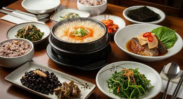 식탁 위에 된장찌개, 콩밥, 시금치나물 무침, 고등어조림이 있는 상차림 모습