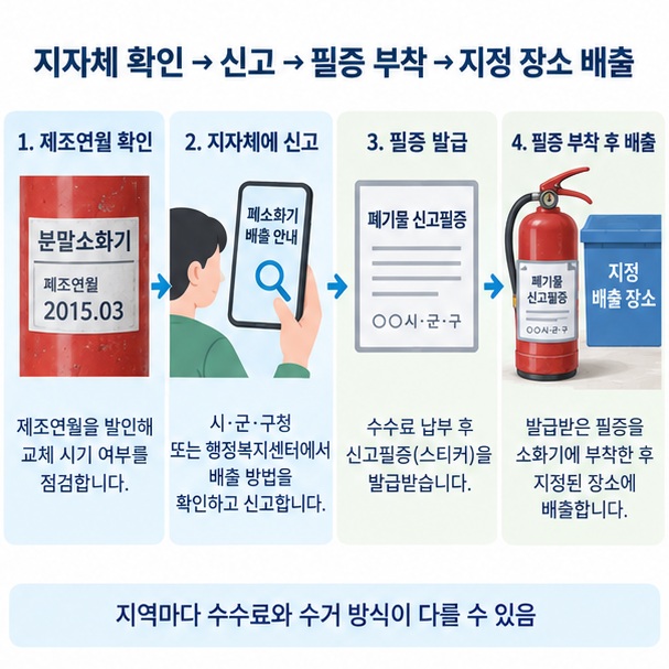 주민센터 또는 지자체 홈페이지에서 폐소화기 신고 후 필증을 붙여 지정 장소에 배출하는 순서를 표현한 이미지