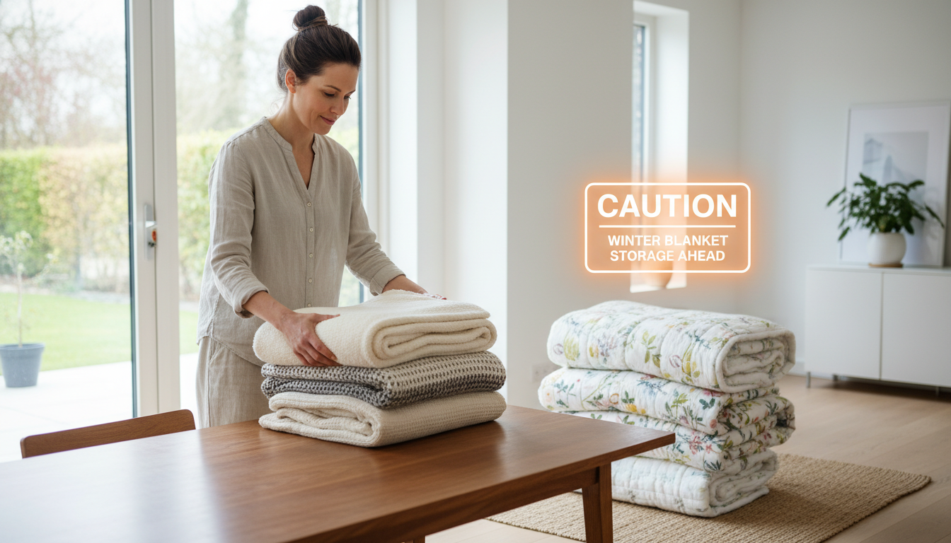 거실에서 솜이불과 극세사 이불을 정리하며 봄맞이 대청소를 하는 주부의 모습과 주의사항