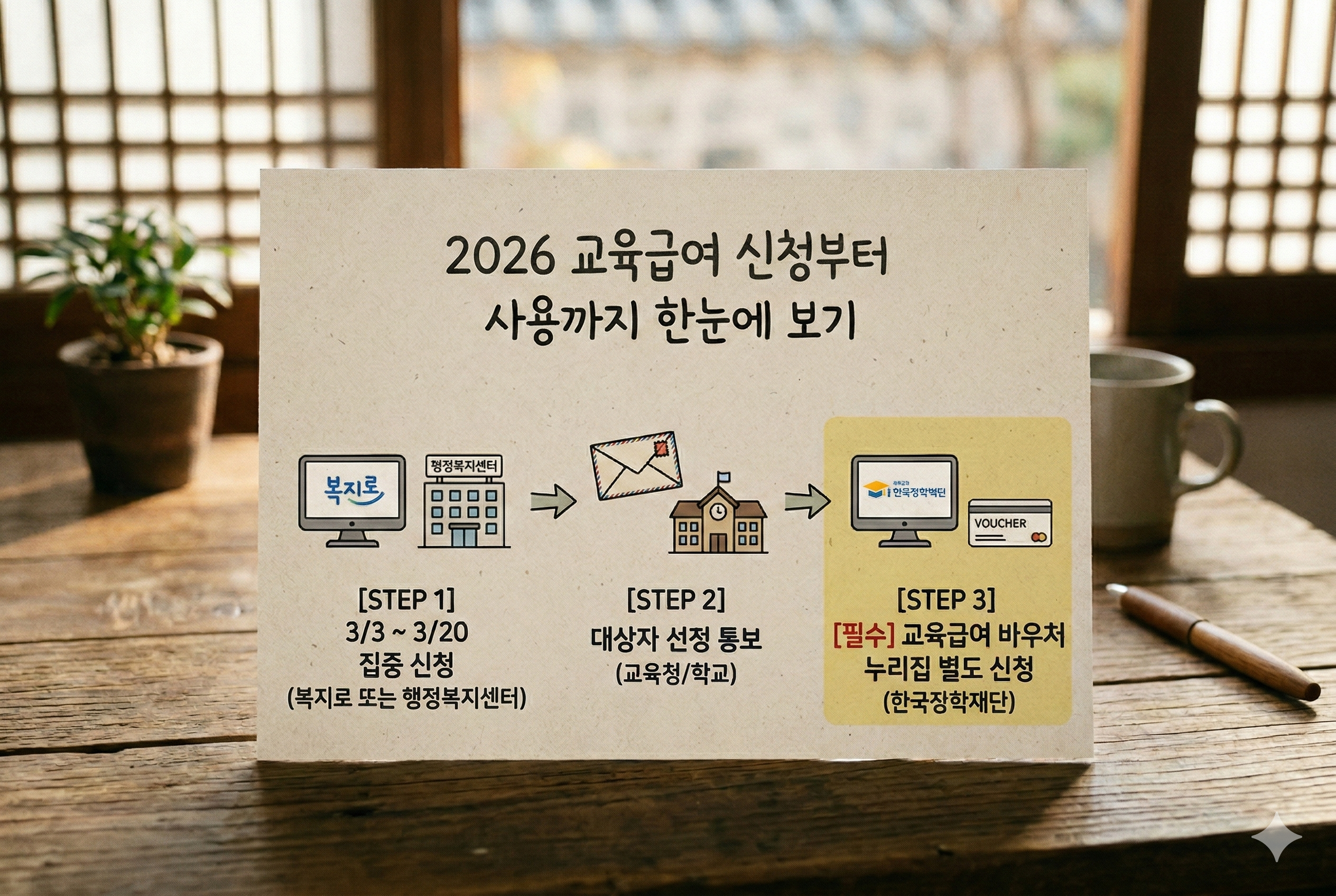복지로 신청부터 교육청 선정, 한국장학재단 바우처 누리집 별도 등록까지 이어지는 2026 교육급여 신청 및 사용 절차 순서도