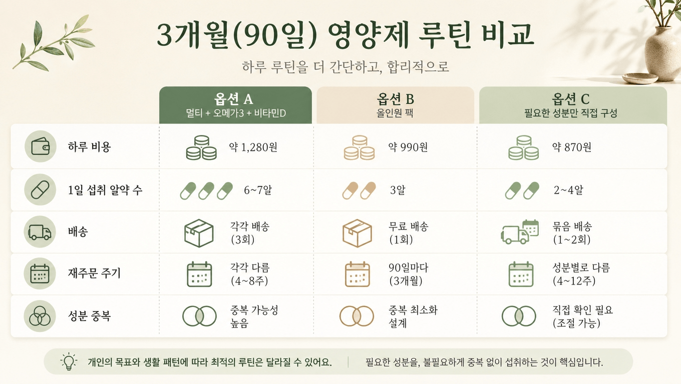 종합비타민 3개월 비용과 배송 재구매 기준 비교 인포그래픽