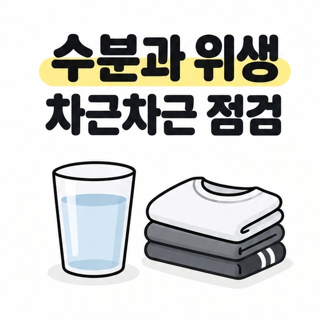 물컵과 깨끗한 운동복으로 수분 섭취와 위생 점검을 나타낸 그림
