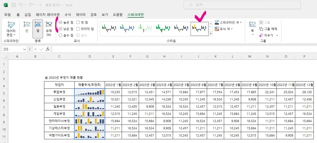 엑셀 스파크라인 사용방법 - 스파크라인 막대그래프 만들기