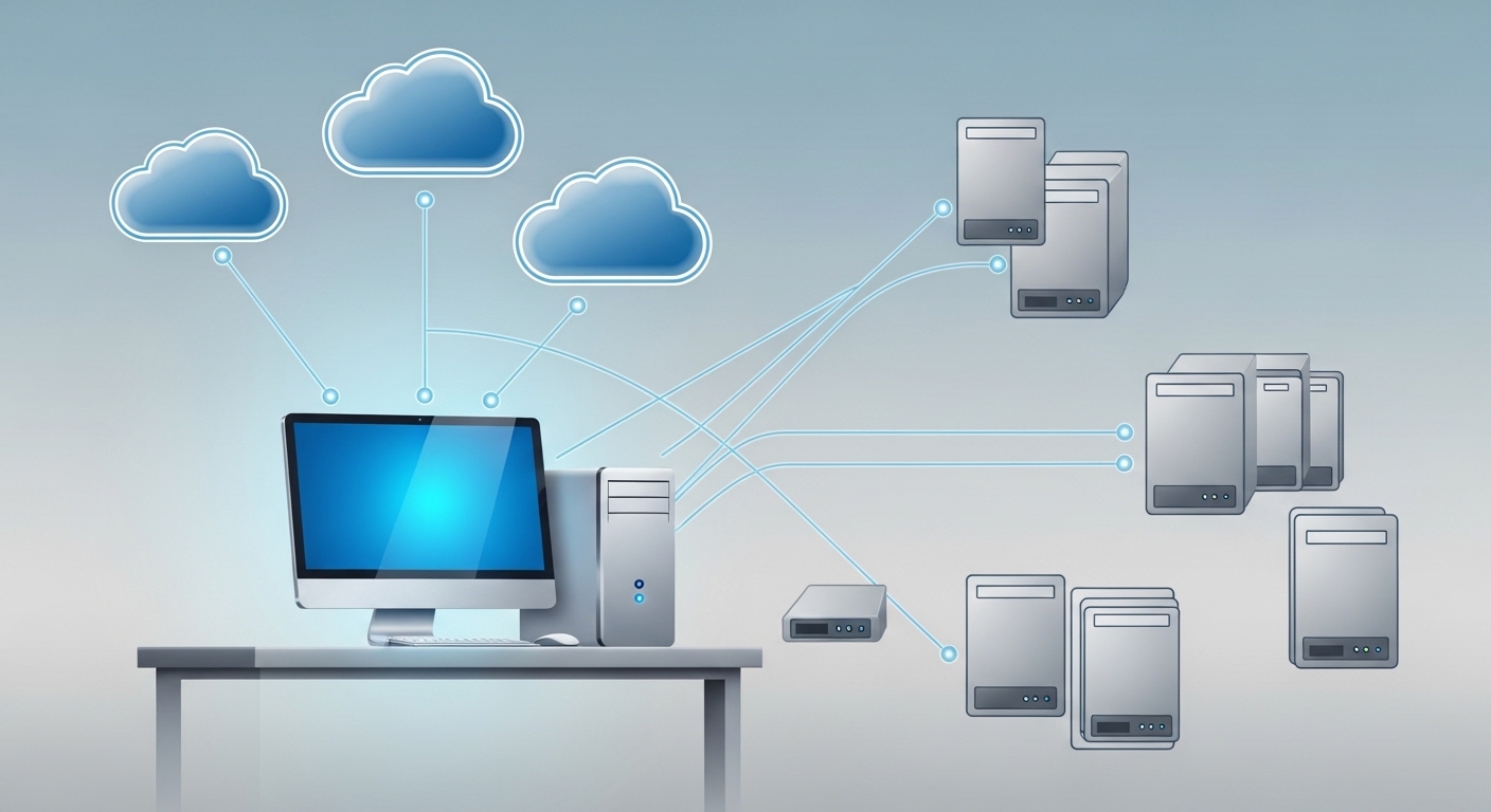 중요한 데이터를 여러 클라우드나 외장 하드에 백업하는 모습을 시각적으로 표현한 아이콘.