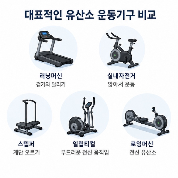 러닝머신과 실내자전거, 스텝퍼, 일립티컬, 로잉머신 등 주요 유산소 운동기구의 특징을 비교한 이미지