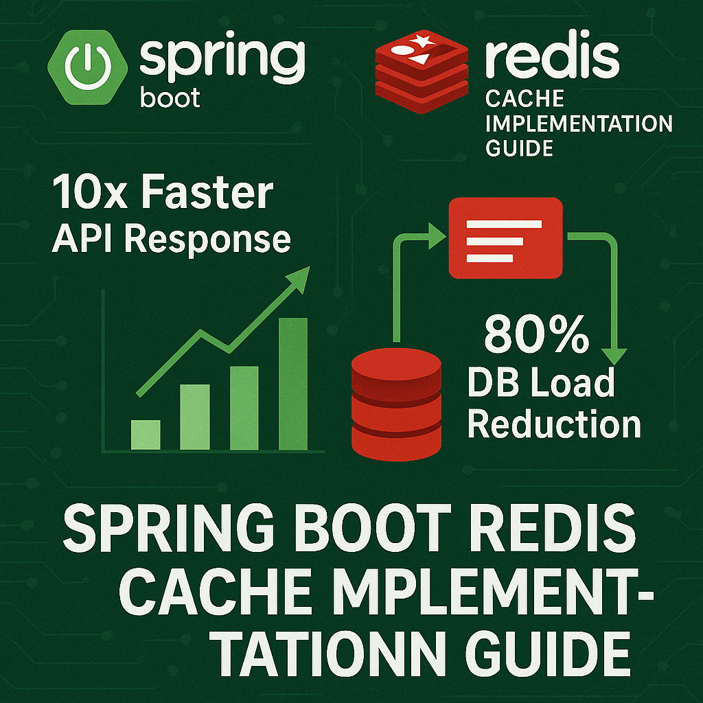 Spring Boot Redis cache implementation guide showing performance optimization strategies with 10x faster API response times and 80% database load reduction