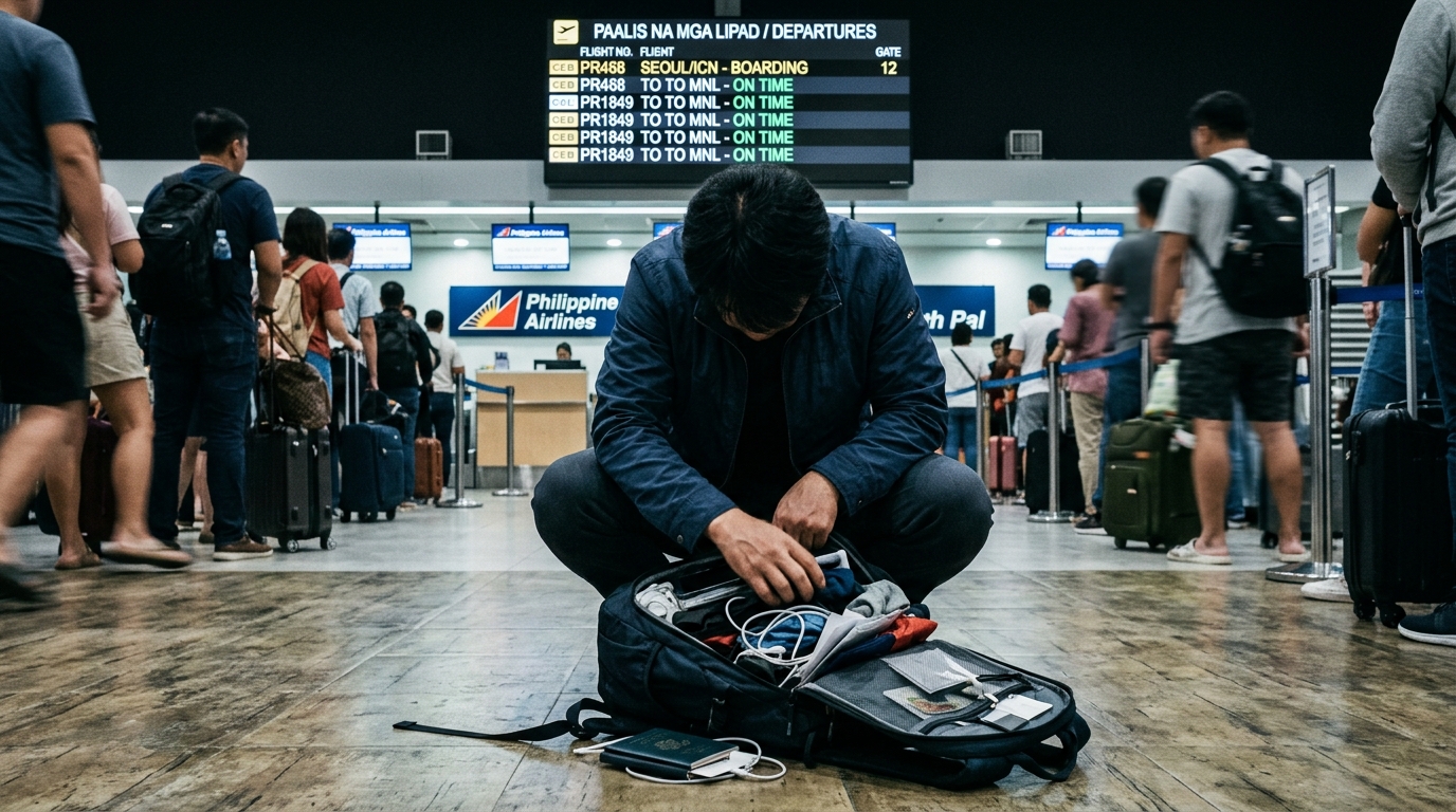 공항 체크인 카운터 앞에서 가방 속을 뒤지는 남성의 모습