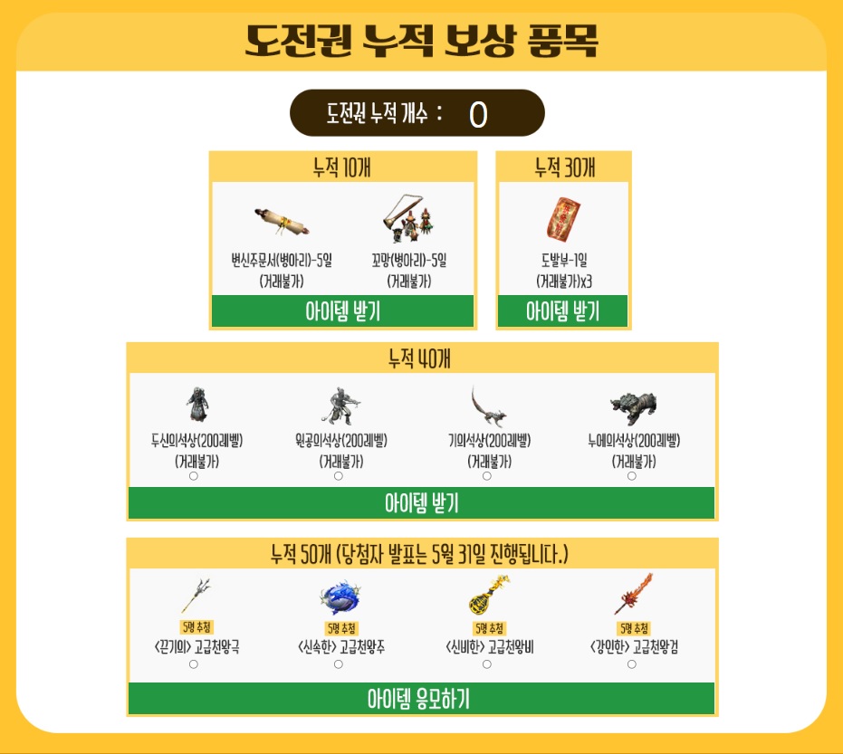 대위덕을 이겨라! 도전권 누적 보상 품목