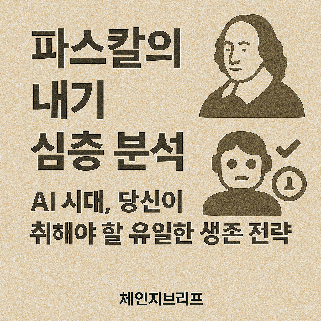 블로그 포스트 대표 썸네일 이미지. 차분한 베이지색 질감 배경에 굵은 고딕체로 '파스칼의 내기 심층 분석'이라는 큰 제목과 'AI 시대, 당신이 취해야 할 유일한 생존 전략'이라는 부제가 적혀 있다. 우측 상단에는 파스칼의 초상화 아이콘이, 하단에는 선택을 고민하다가 체크 표시(V)를 얻는 사람의 아이콘이 있어 합리적인 의사결정을 돕는 가이드임을 시각적으로 표현했다.