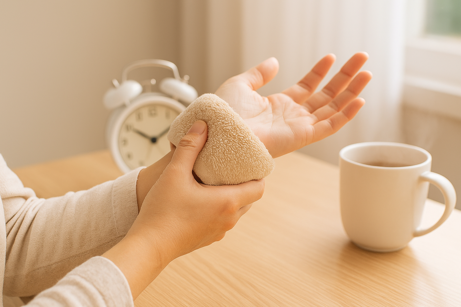 아침경직 완화를 위한 손목 온찜질과 가벼운 손 스트레칭