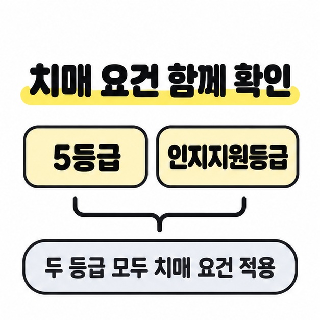 5등급과 인지지원등급을 나란히 놓고 두 등급 모두 치매 요건이 적용된다고 묶어 보여 주는 카드