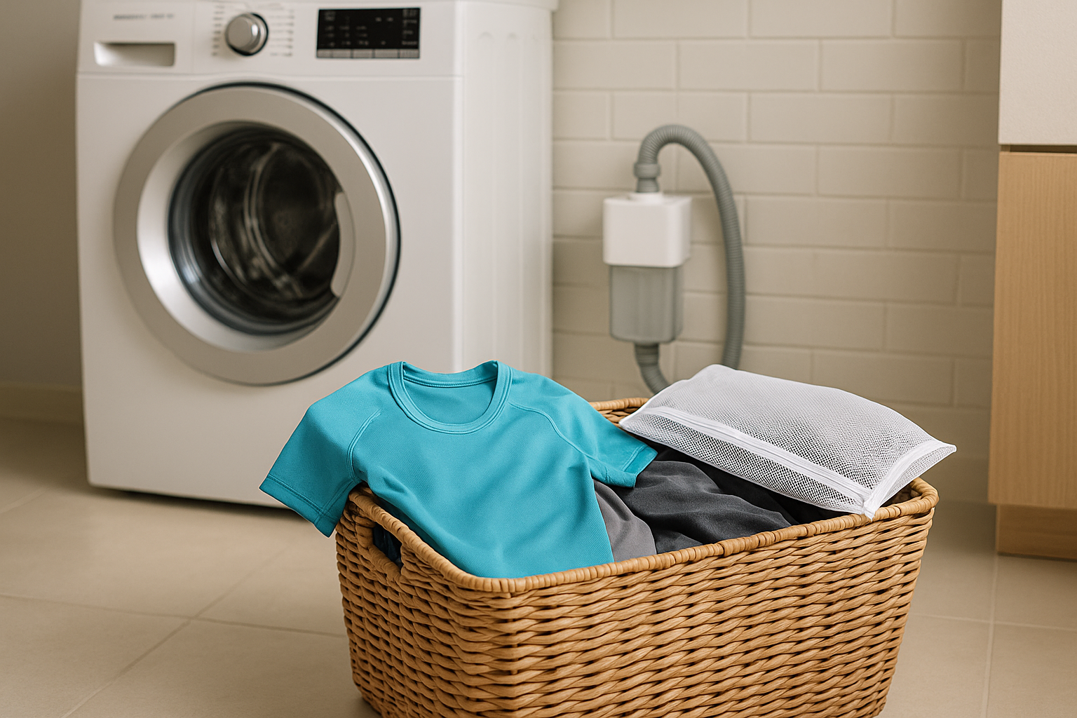 드럼세탁기 앞 빨래바구니와 세탁망, 인라인 포집 장치가 보이는 세탁실