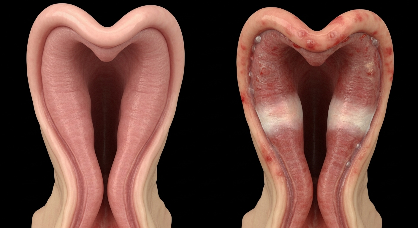 흡연으로 후두 점막이 손상되는 과정을 비교한 이미지